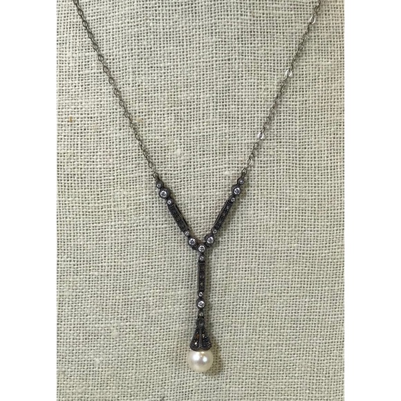 Vintage Jewelry - VTG Sterling Marcasite Crystal Pearl Necklace